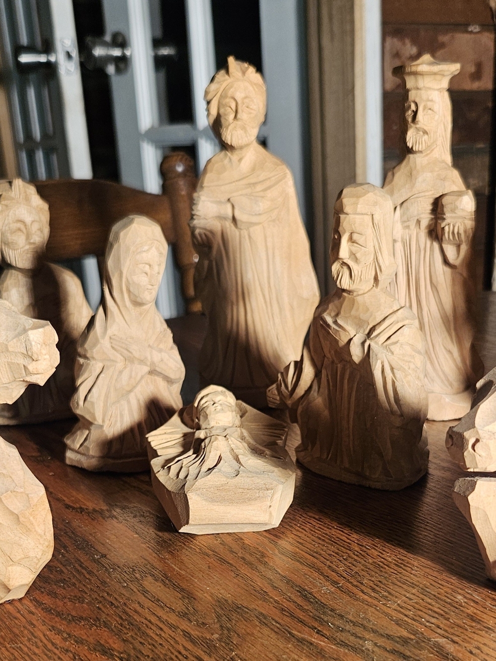 Hand-Carved Wooden Nativity Set - Natural Wood Finish 10 Pieces